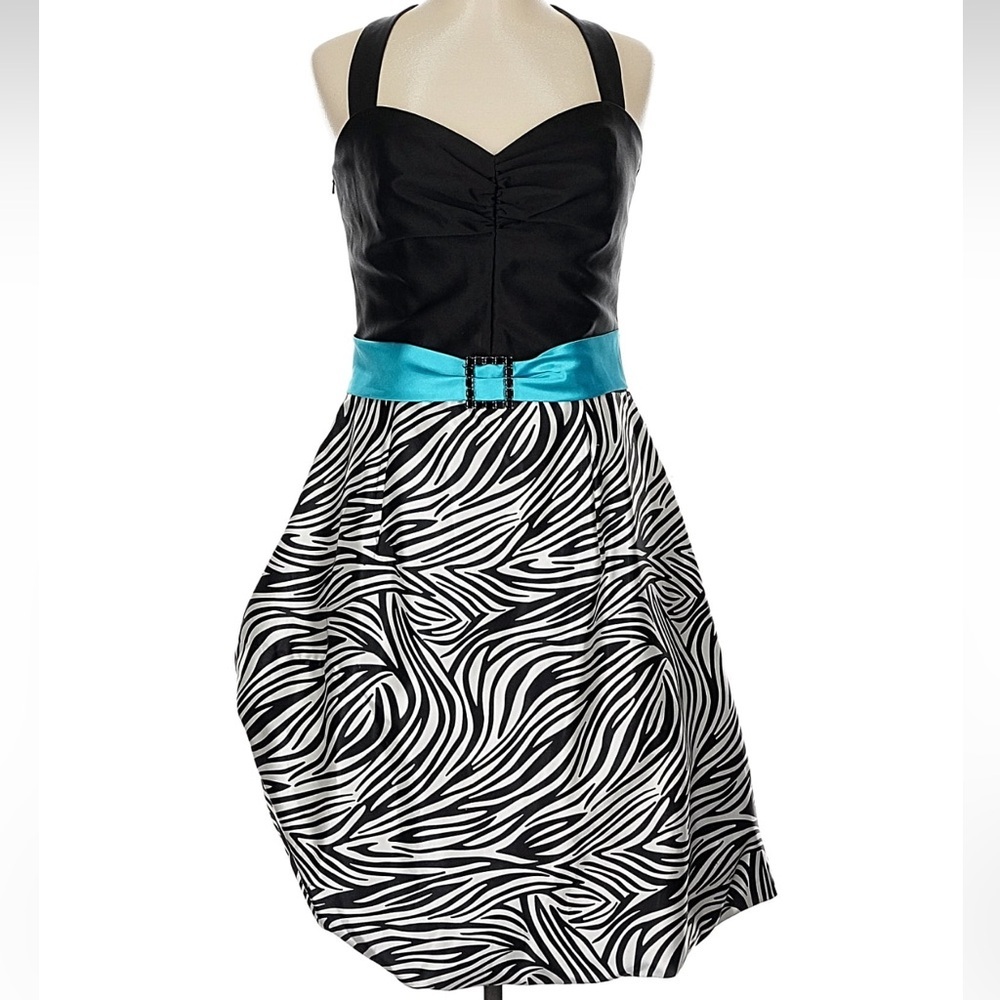 Jessica McClintock Black White Zebra Dress Blue Rhinestone Belt Pinup 80s Cruise